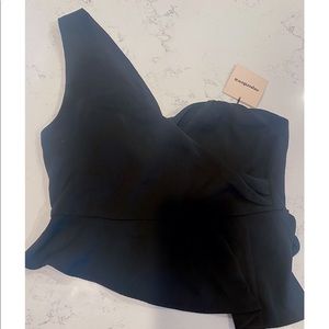 One shoulder black blouse top.